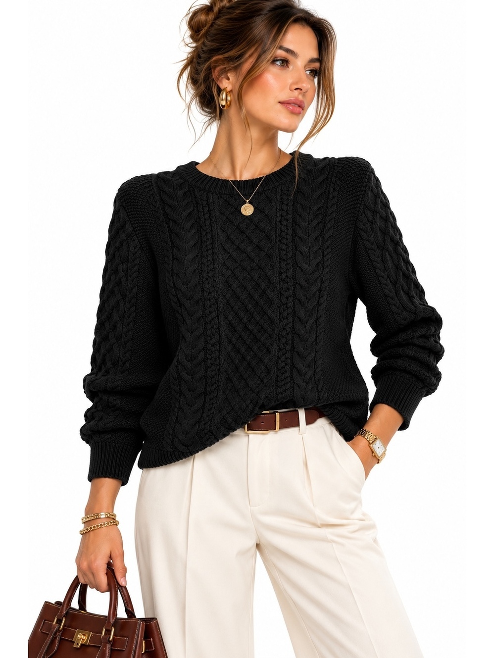 GAP Cable Knit Crewneck Sweater Black 100% Cotton Large Tall L